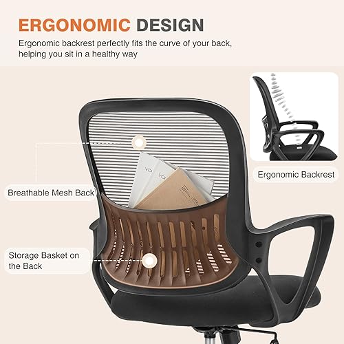 Miniatura 5 de Sweetcrispy Silla ejecutiva de oficina en casa con diseño ergonómico, malla giratoria de espalda media, soporte lumbar cómodo, brazos cómodos para