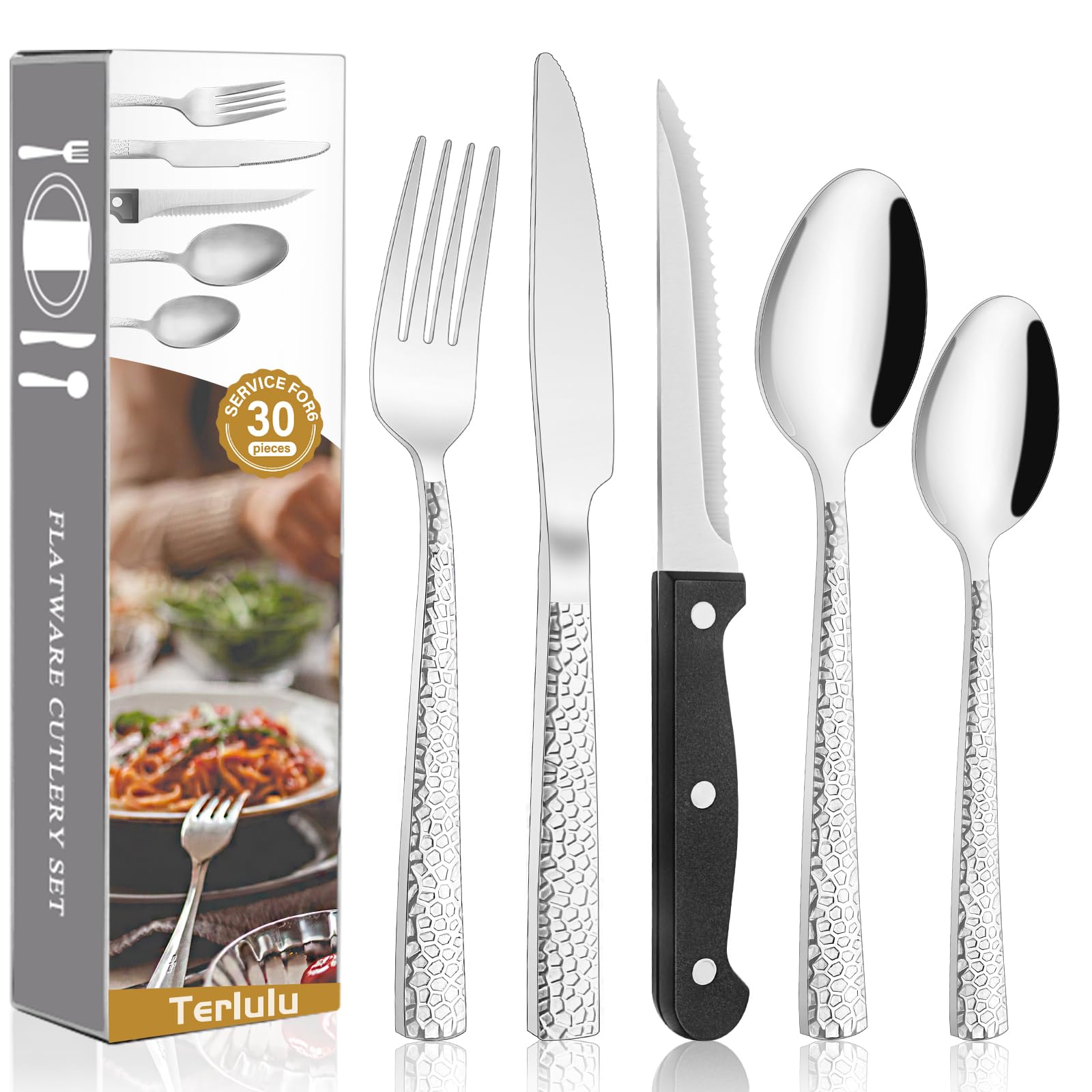 30 Piece Hammered Cutlery Sets with 6 Piece Steak Knives, Stainless Steel 30-Piece Silver Cutlery Flatware Set, Dinnerware Fork Knife Spoon Set Service for 6, Mirror Finished & Dishwasher Safe