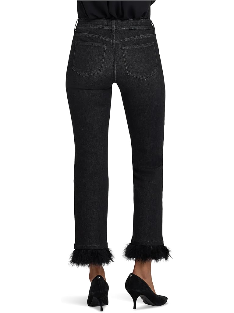 Black NYDJ Marilyn Straight Ankle Feather Trim Jeans in French Nightfall
