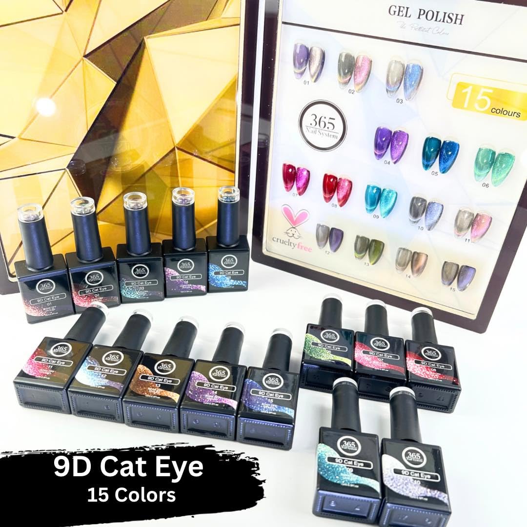 : 15ml / .5oz 9D Cat Eye- 3D Cat Eye - 5D Cat Eye Gel Nail Polish Set 15Pcs, Cat eye Blue Green Purple Soak Off Gel Polish Magnetic + Free Sample Book