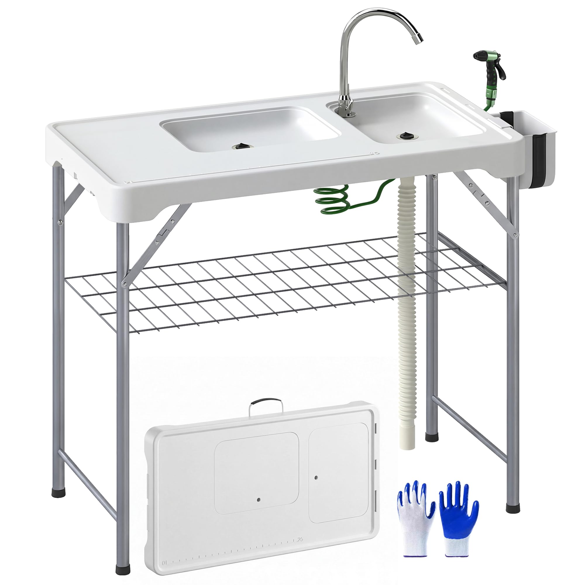Outvita Tavolo Pieghevole Da Campeggio Con Lavello E Rubinetto In Acciaio Inox - 100x60 Cm, HDPE Alimentare, Per Pulizia Pesce E Verdure
