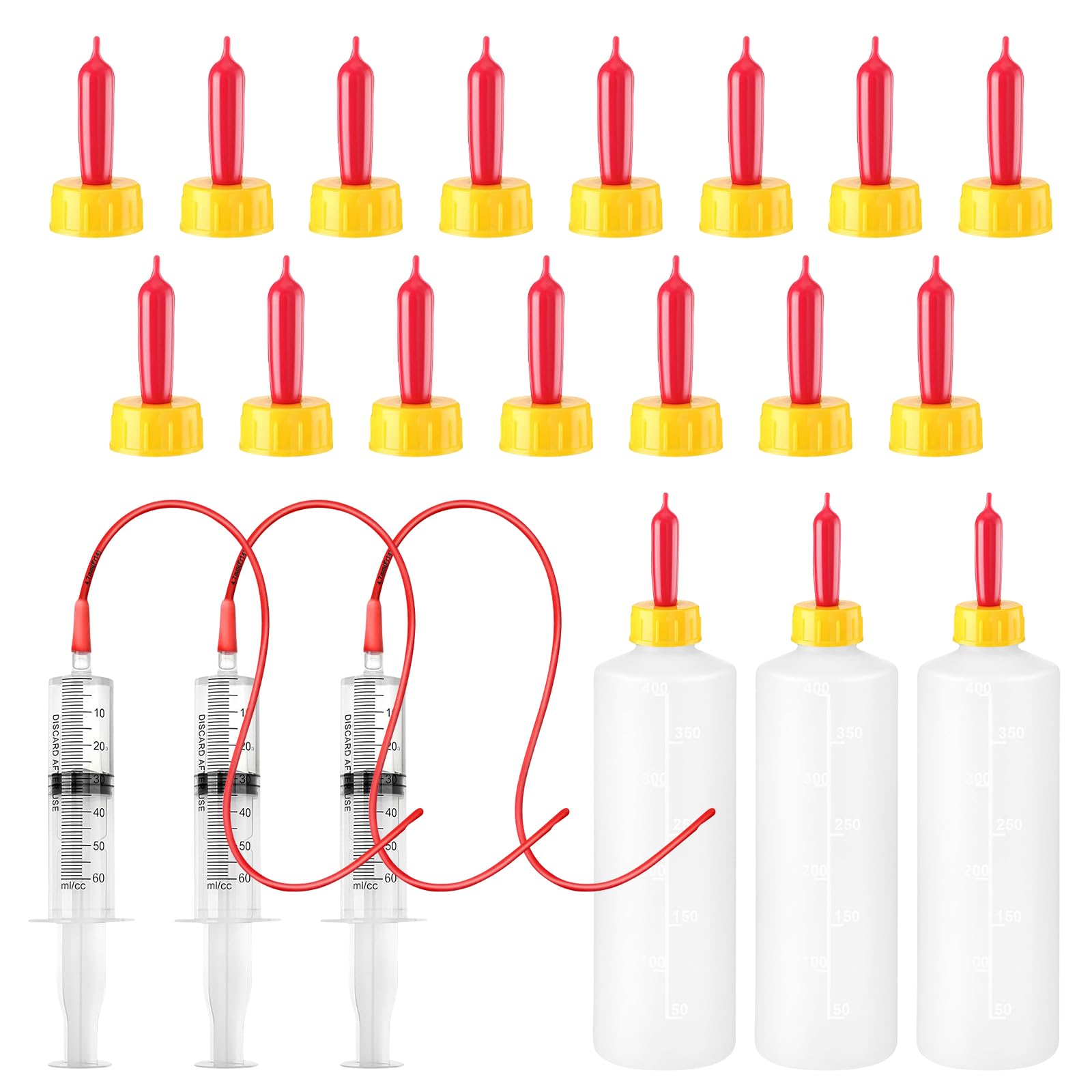 24 Pcs Lamb and Goat Kid Feeding Kit Including 3 Pcs 400ml Lamb Feeding Bottles 15 Pcs Goat Nipples 6 Pcs Feeding Tube Kit 60 ml Syringe and 16 FR