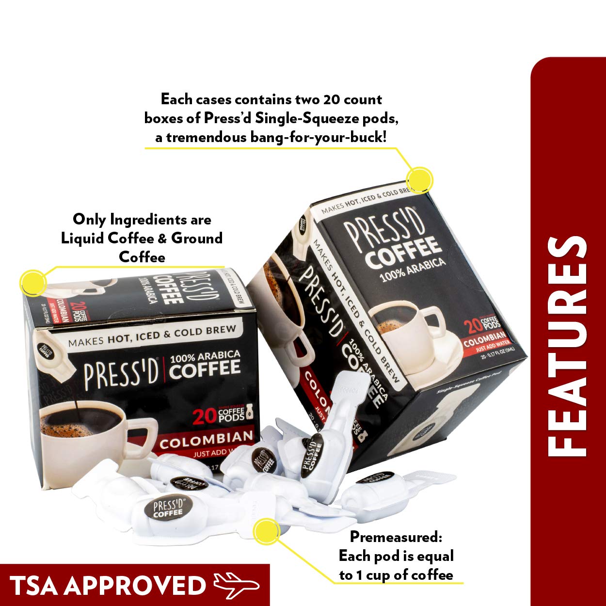 Press'd Single-Squeeze Coffee Pods | Makes Hot, Iced & Cold Brew - 2 Pack (40 Pods)