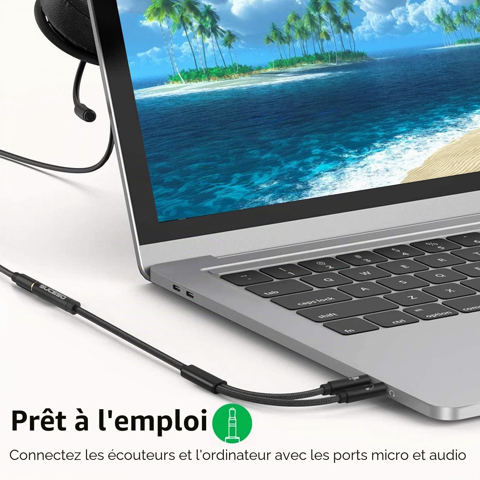 Adaptateur Jack Audio Stéréo 3,5mm Câble Nylon Tressé Splitter Y Femelle à 2 Mâle 35cm