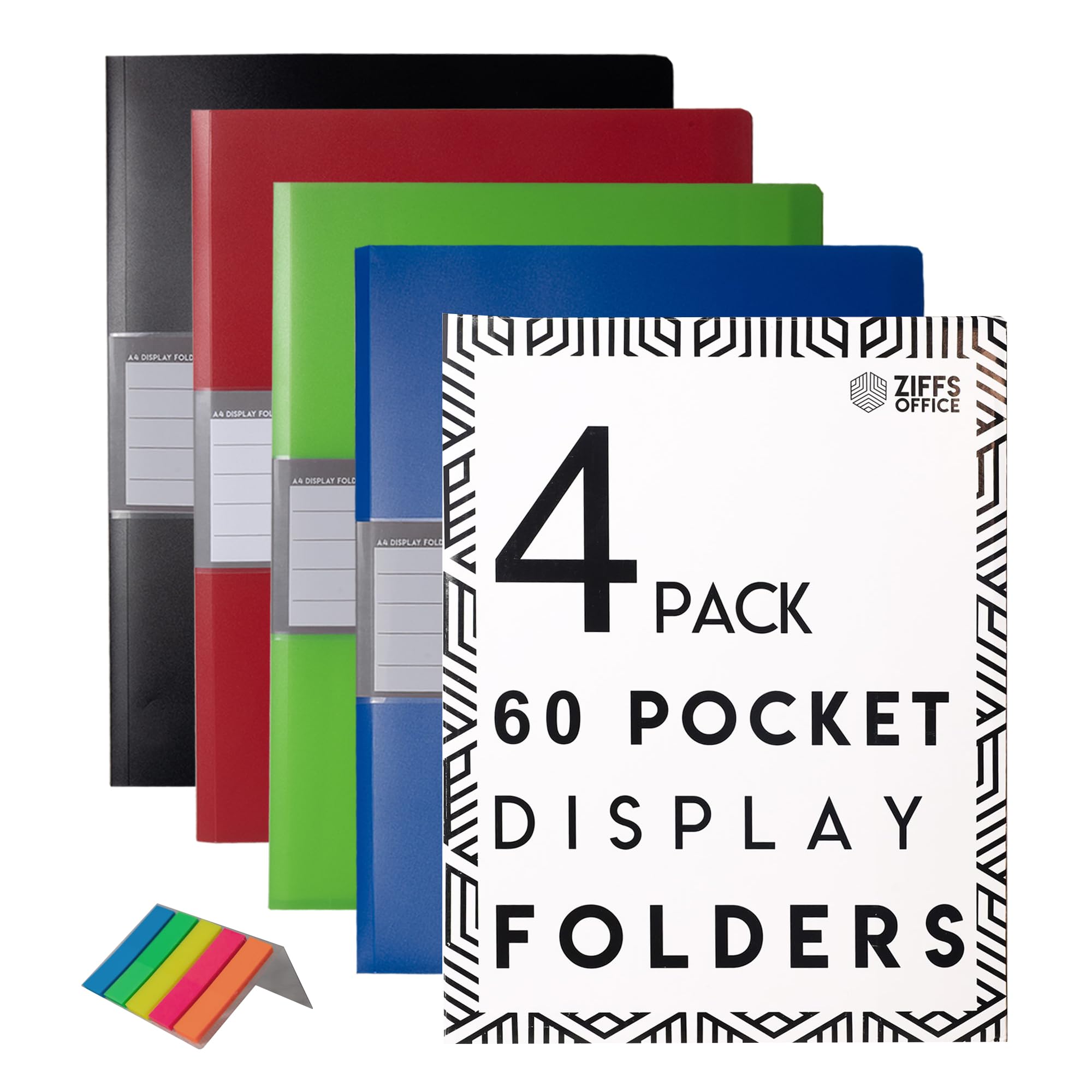 Ziffs Office® 4 x 60 Pocket A4 Display Folders, Premiun Folders with Plastic Pockets, A4 Folder, Display Book
