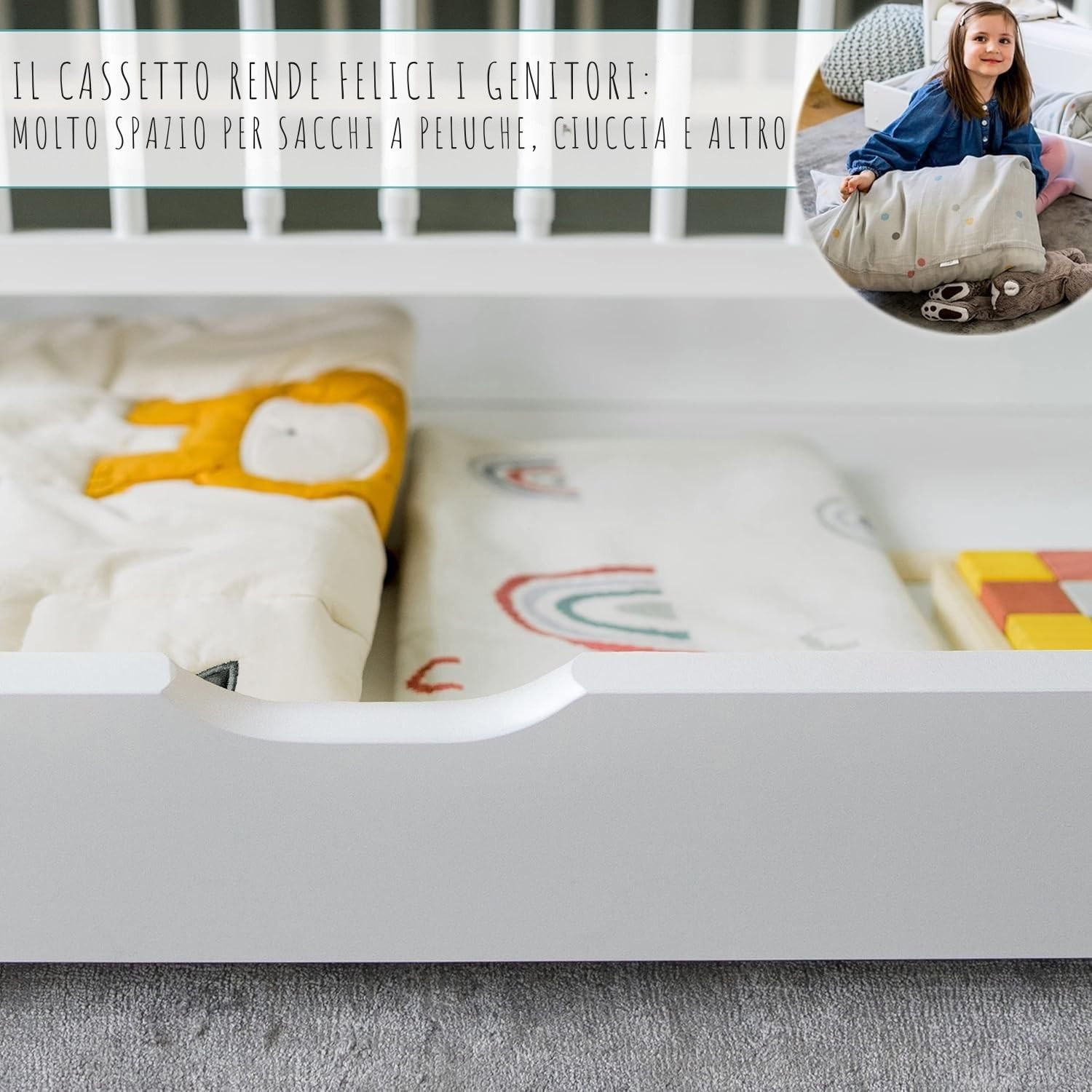 Lettino per bambini Letto per bambini 60x120 cm con cassetto Lettino 120x60 cm bianco con cassetto, regolabile in altezza e trasformabile per bambini, bambine e ragazze dalla nascita a 3 anni
