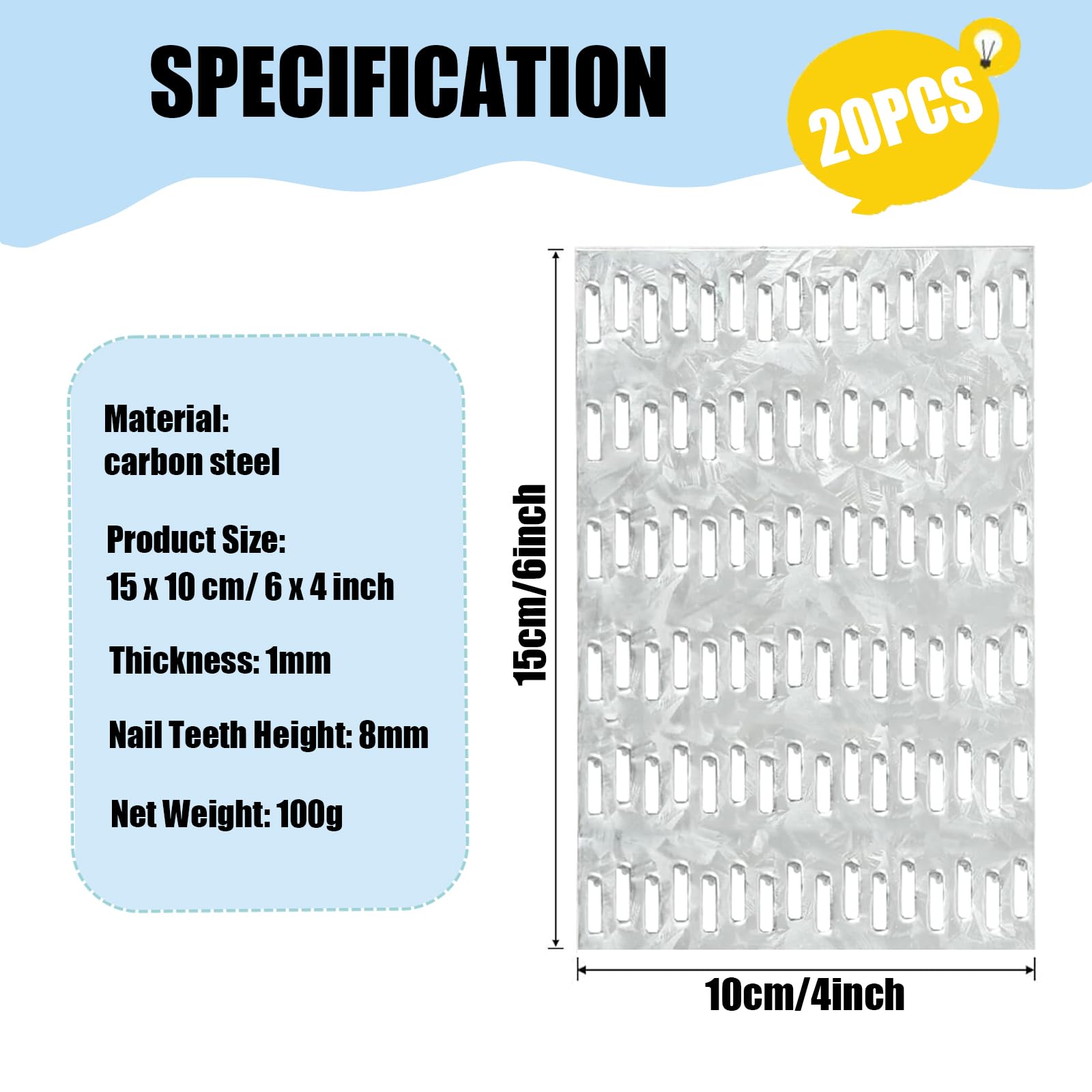 Paquete de 20 placas de reparación de 4 x 6 pulgadas con dientes de clavo, placas de reparación planas para reparación de placas de amarre planas para techo, conector de madera