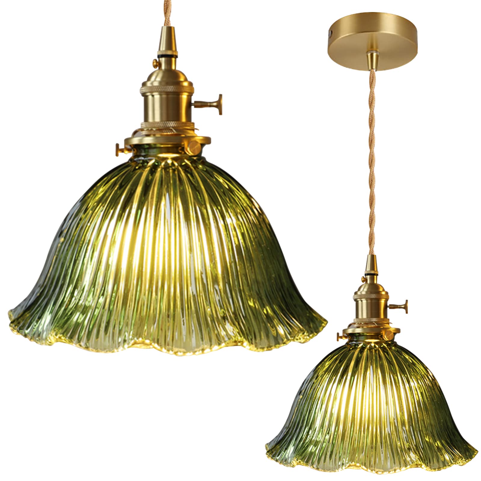 SXWNBIFH Nordic Glass Pendant Light Modern Bedside Chandelier Flowers Shape Adjustable Copper Hanging Lights Home Decor for Bedroom Dining Room Kitchen Island (green B)