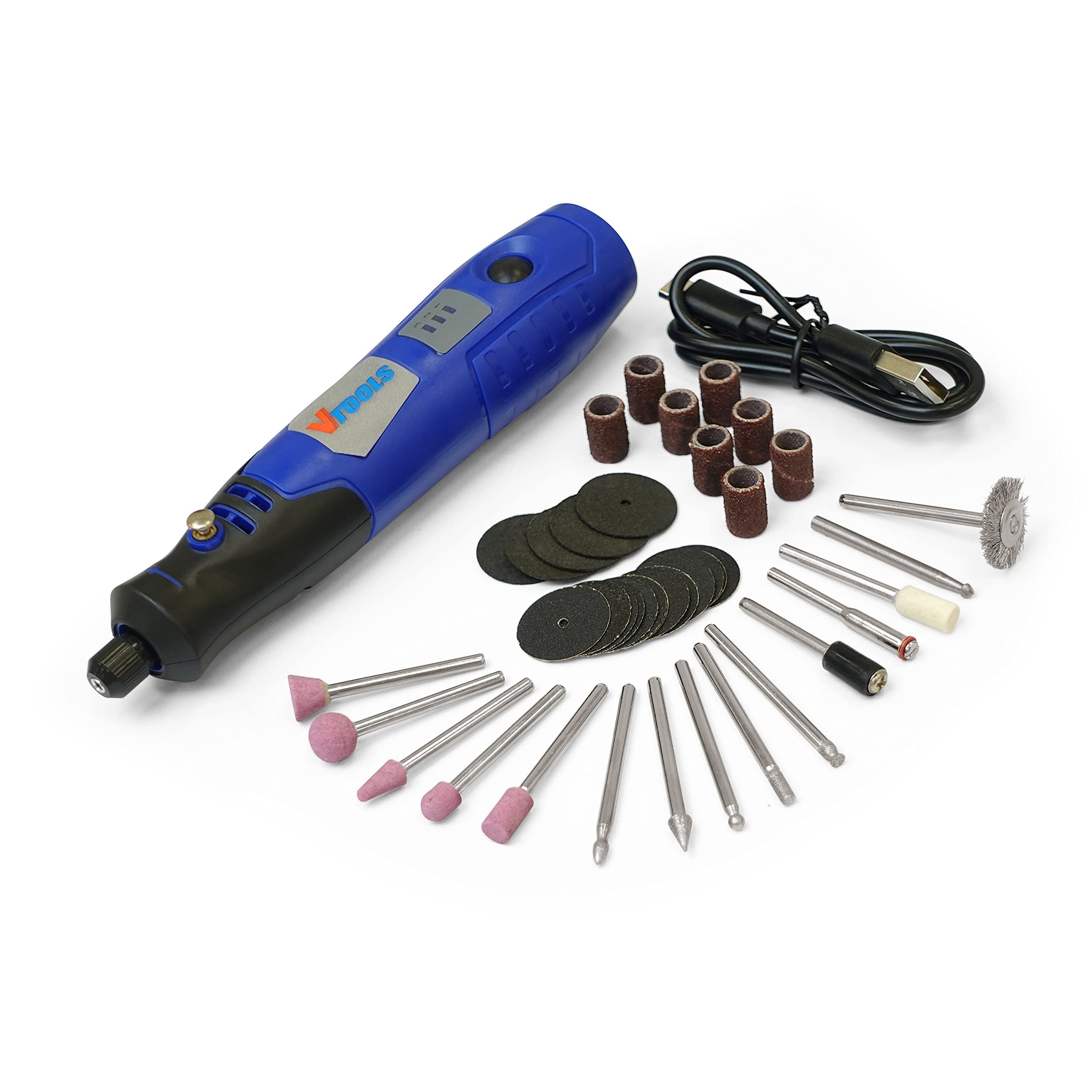 VTOOLS 3.6V Cordless Mini Grinder With 43 Pc Accessory Set, Rotary Tool For Polishing, Cleaning & Engraving, Blue, VT1212