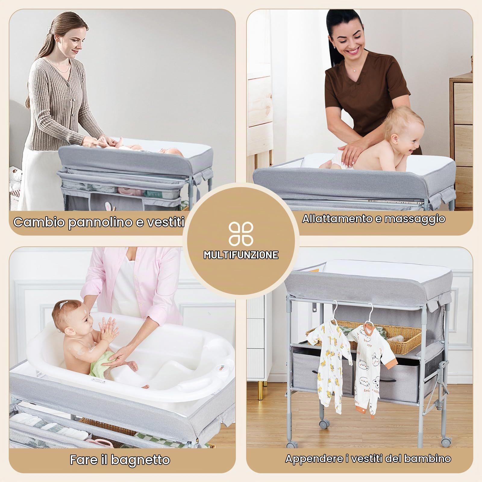 Fasciatoio Pieghevole Neonato Con 2 Cassetti, Altezza Regolabile, Materassino Impermeabile, Organizzazione Salvaspazio, Asta Appendiabiti & 4 Ruote Bloccabili, Grigio Scuro