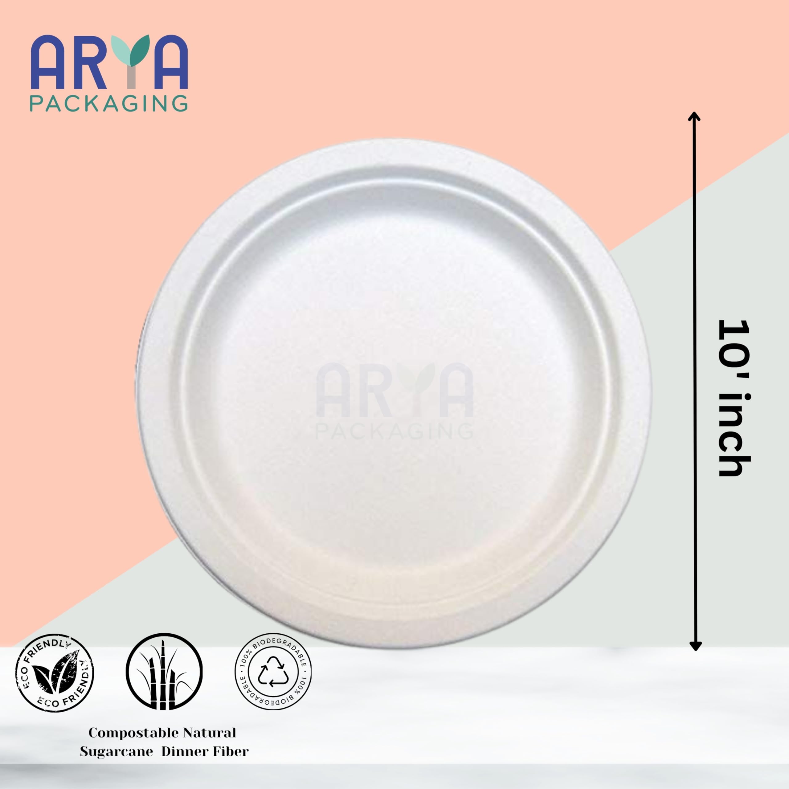 Arya PACKAGING 100% Compostable Heavy-Duty Eco-Friendly Disposable Bagasse Plates 10 Inch - Image 2