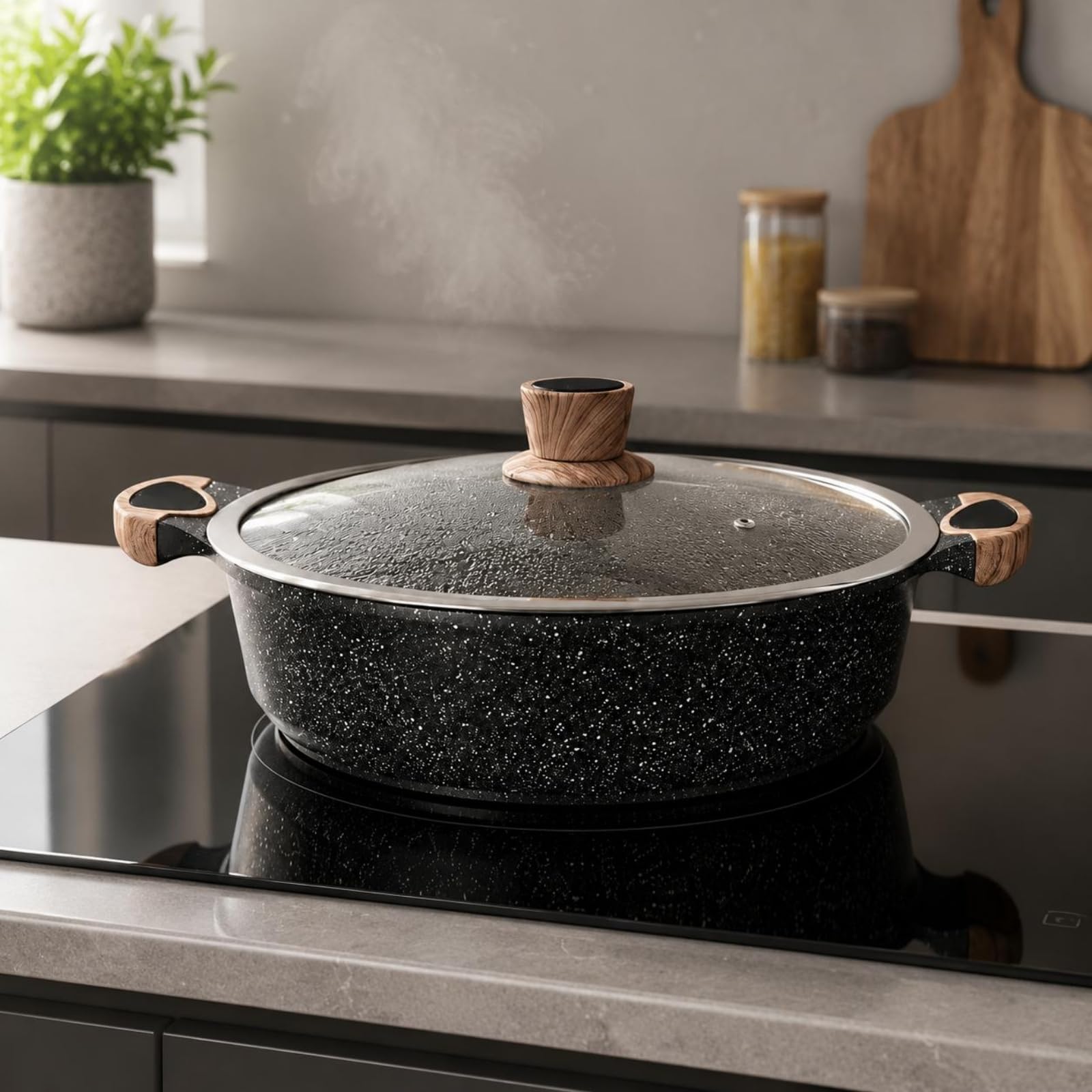 KESOTO Olla de Piedra Antiadherente Sartén Caldero con Diseño de Asas Dobles y Tapa de Vidrio en Aleación de Aluminio Adecuada para Mover de Fogón a Mesa Cocinar Diario Cenas, 26cm
