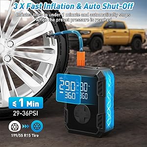 Tire Inflator Portable Air Compressor Wireless & 12V Dual Power, Auto Shut-Off, Digital Display, Fast Inflation & LED Light, for Car, Bike, Sports & Travel