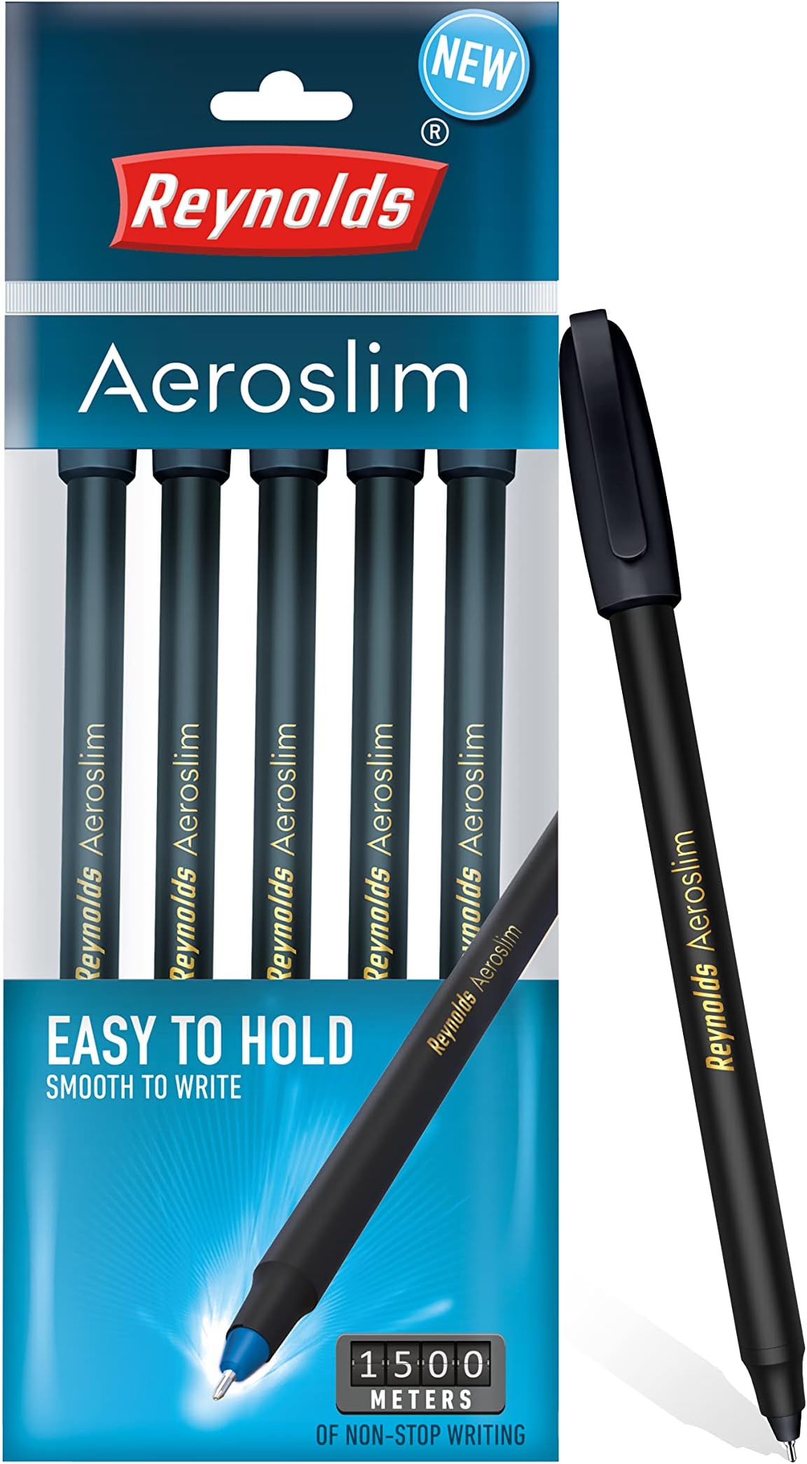 Reynolds AEROSLIM Ball Pen SET - 5 BLACK PENS WITH COMFORTABLE GRIP | Black BALL PENS FOR WRITING | PEN FOR STUDENTS & OFFICE STATIONERY | 0.7 mm TIP SIZE