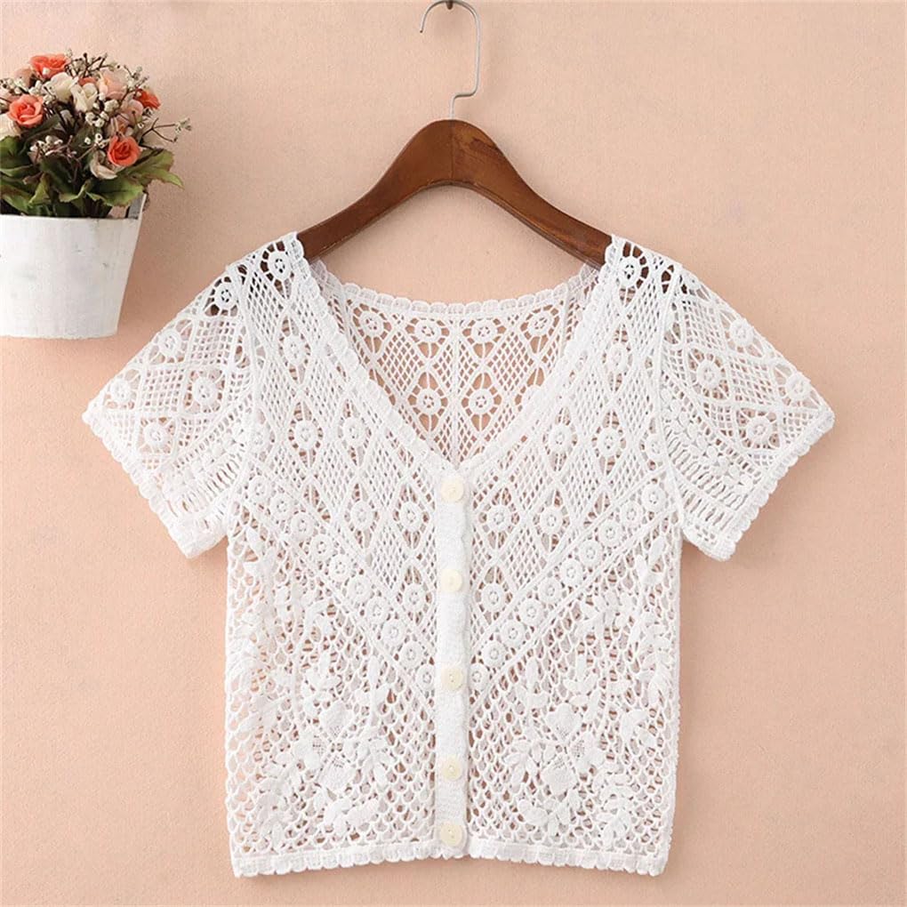Top da donna in tinta unita all'uncinetto a maniche corte con bottoni cardigan da donna camicie da vacanza