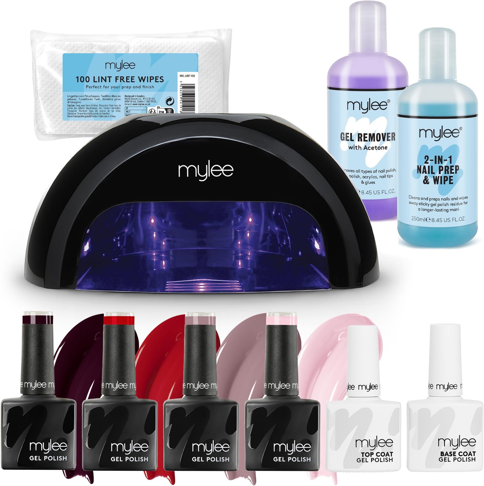 Mylee Complete Professional Gel Nail Polish LED Lamp Kit, 4x Colours, Top & Base Coat, PRO Salon Series Convex Curing® LED Lamp, Prep & Wipe, Gel Remover