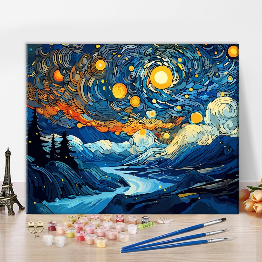 Starry Night Abstract DIY Paint by Numbers for Adults Beginners Kits Colourful Watercolor Painting Mountains And Rivers Picture Canvas Acrylic Pigment Arts Craft for Home Wall Decor Gift 16×20 Inch