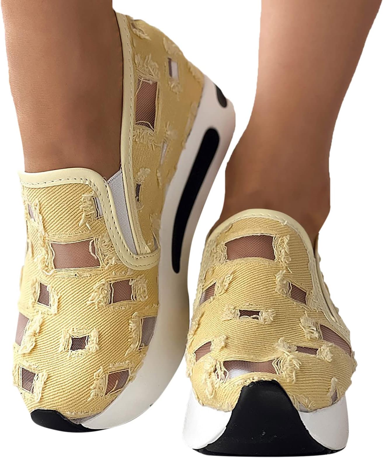 Hbeylia Platform Wedge Sneakers for Women Fashion Embroidery Floral Mesh Air Comfort Chunky Sole Hidden High Heels Slip On Loafers Breathable Walking Work Shoes with Arch Support