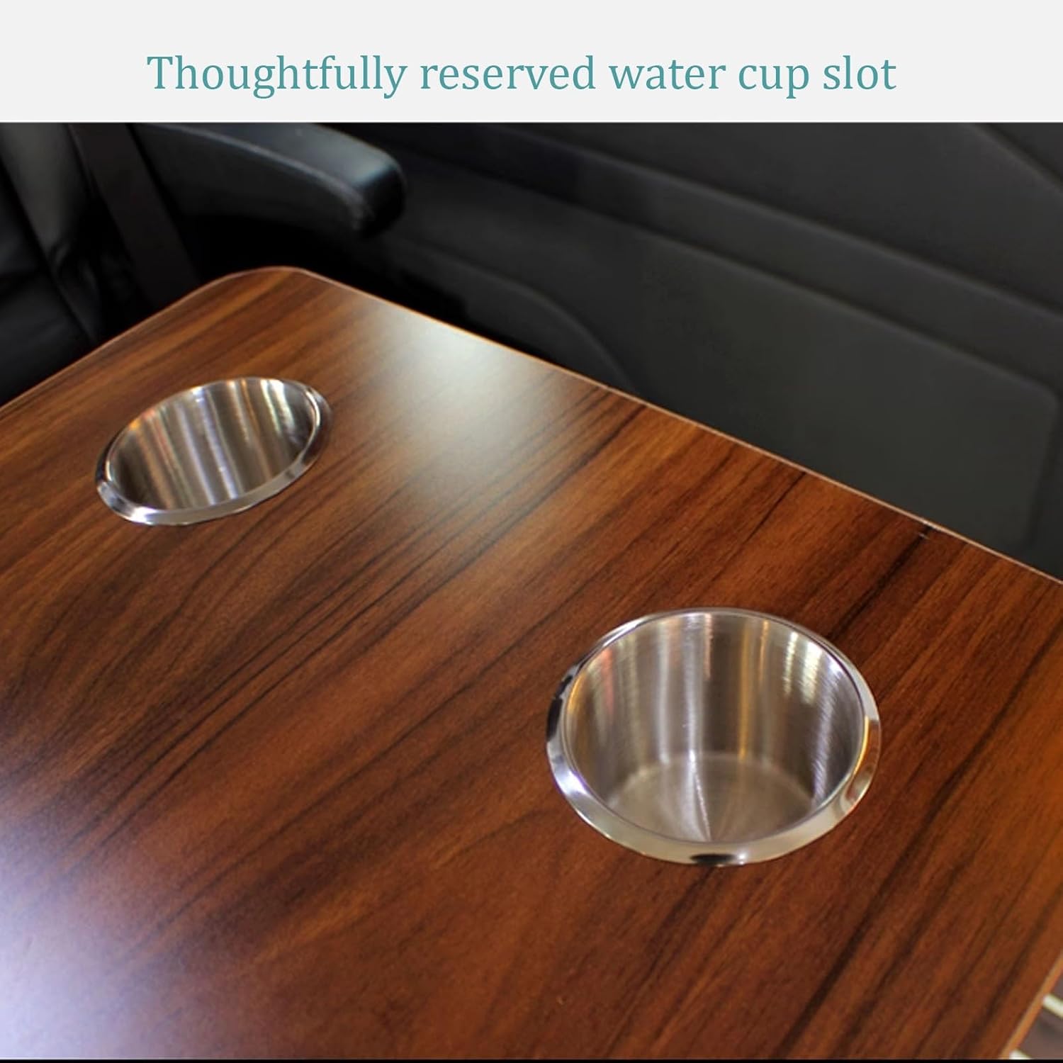 RV Table, Multi-Functional Foldable Car Desk, Height Adjustable RV FoldingTable, RV Dinette Desk Rectangular Wood Top, 2 Stainless Steel Drop-in Cup Holder(Brown)