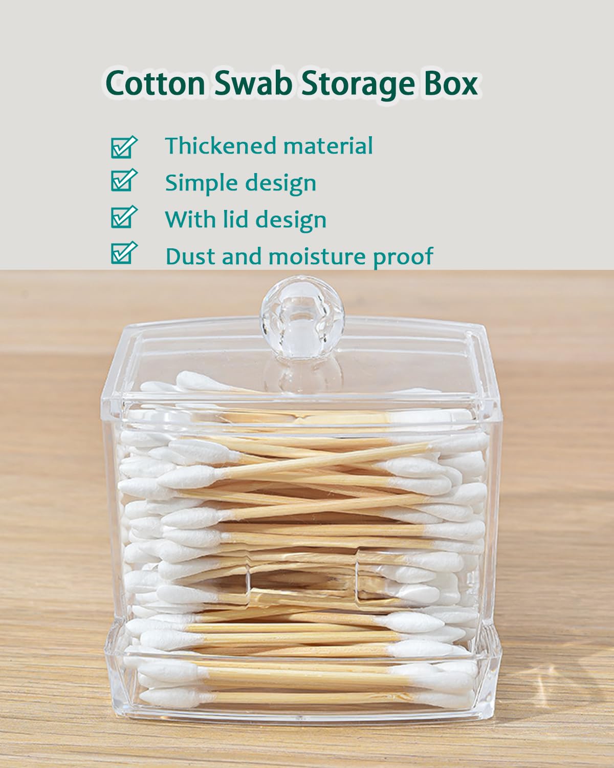 AkoSlale Cotton Swab Holder with Easy-Access Front Dispenser – Clear Qtip Organizer for Bathroom Vanity & Makeup Accessories – Durable Modern Storage, Made of Polystyrene (PS)
