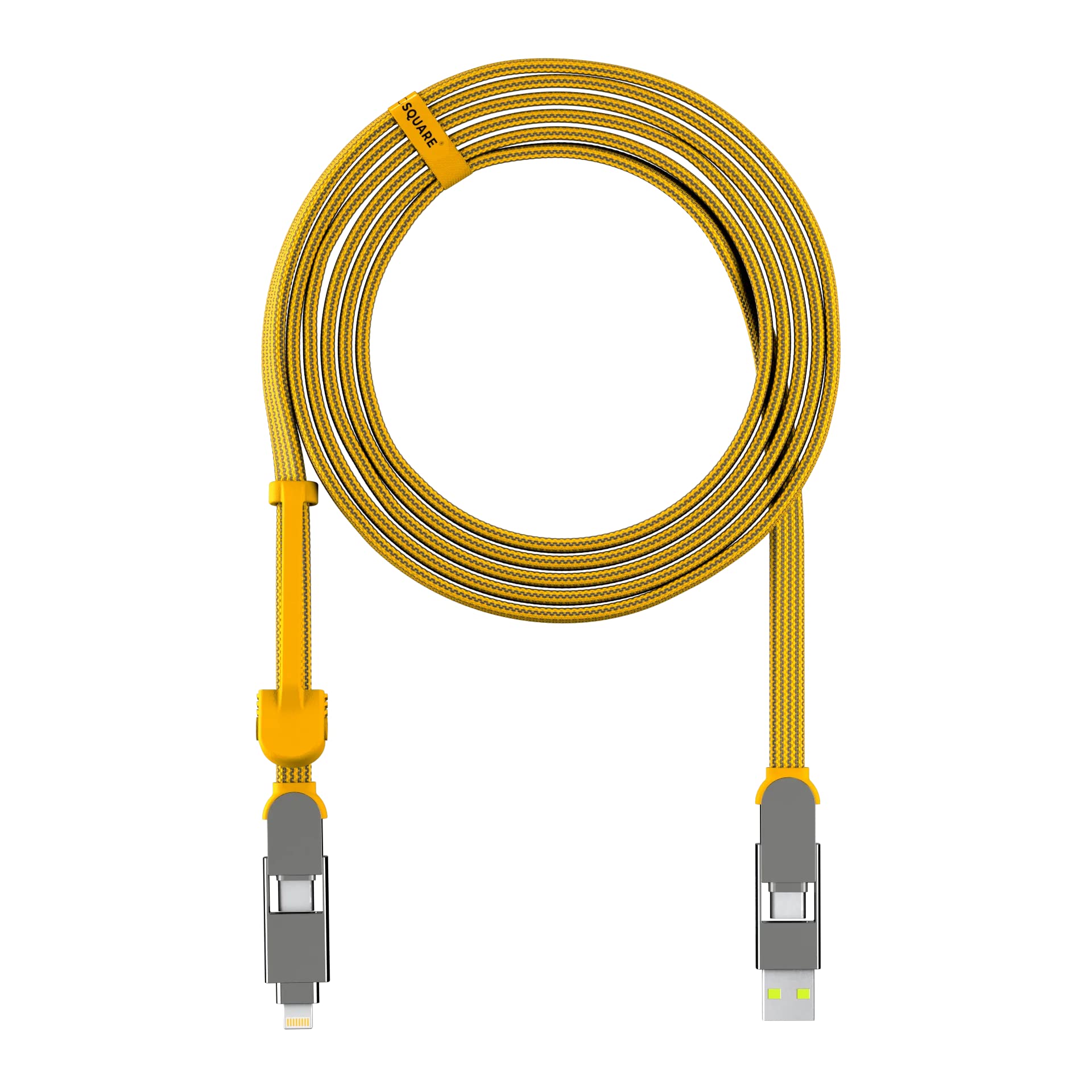 Rolling Square InCharge XL 300cm/10ft- The 100W Swiss Army Knife of Cables, Compatible with Apple iPhone/USB/USB-C/Micro USB Cable for All of Your Devices (Yellow-Cable)