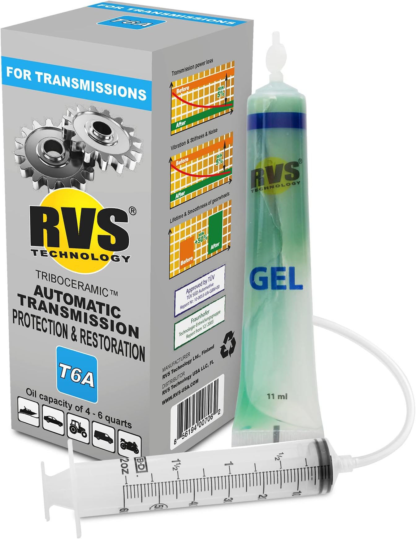 T6A RVS Technology automatic transmission treatment. For transmissions with an oil capacity up to 6 qt. Safe for all automatic/dual clutch transmissions, DSG, S-Tronic, PDK