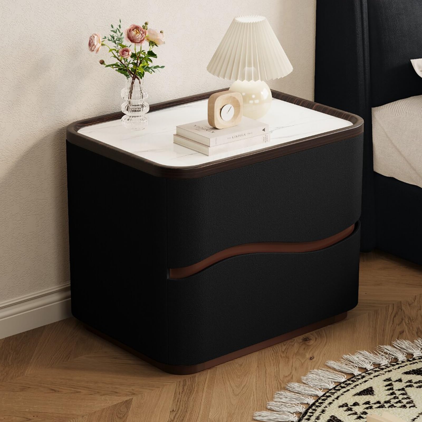 SXZenSpace Bedside Table with 2 Drawer, Solid Wood Nightstand Slab Tabletop Modern Night Stand Wooden Furniture for Bedroom(Black,40x40x50cm)