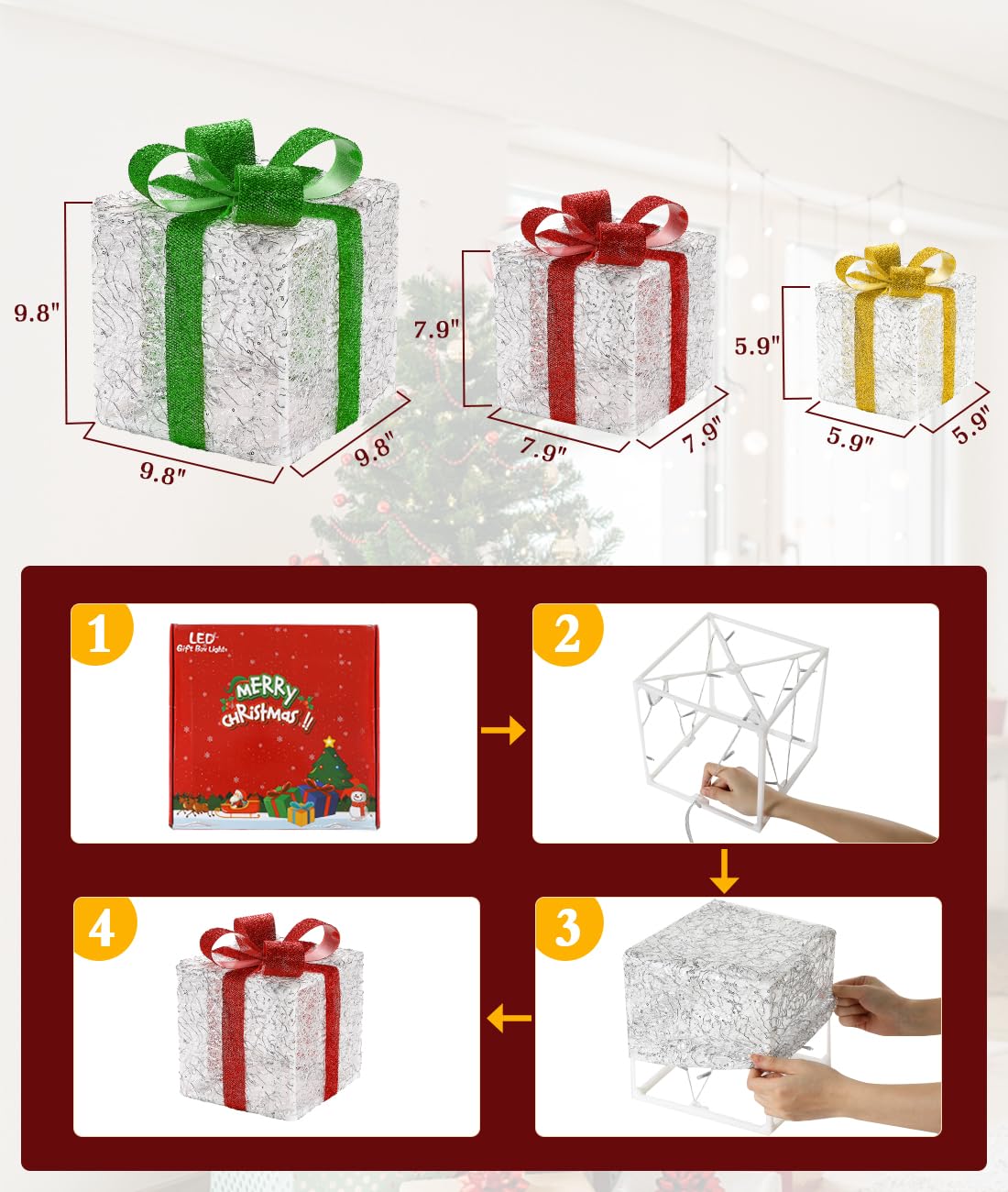 Luxspire Natale Scatole Regalo Illuminate, 3 PCS Grandi Decorazioni per Interno ed Esterno, con Telecomando e USB Plug in, Regali Bianchi e Argento con Fiocchi, Decorazioni per Casa Veranda Prato
