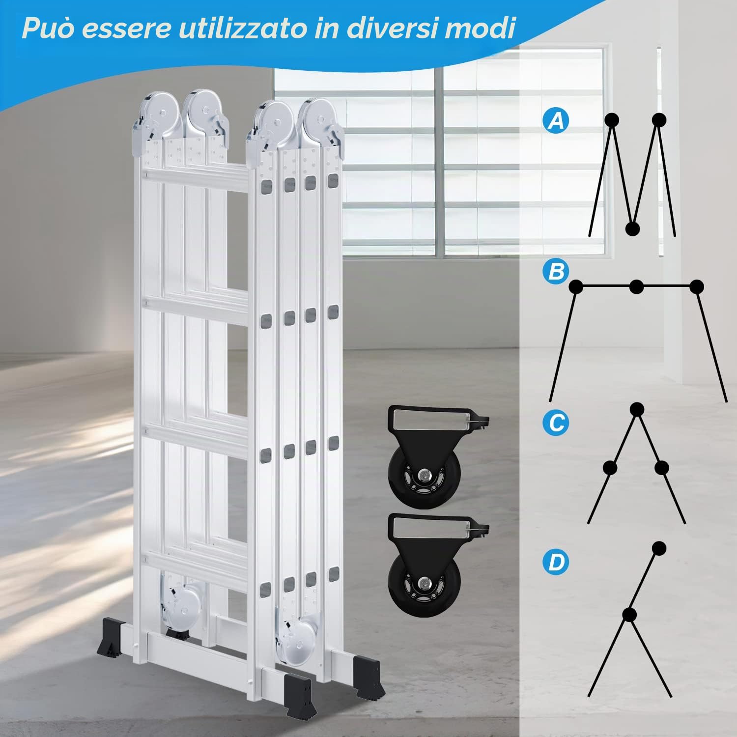 Scala Multiuso in Alluminio 4,7 m - 4 x 4 Gradini Con Piattaforma e 2 Ponteggi - Pieghevole, 16 Gradini, Fino a 150 kg, Argento