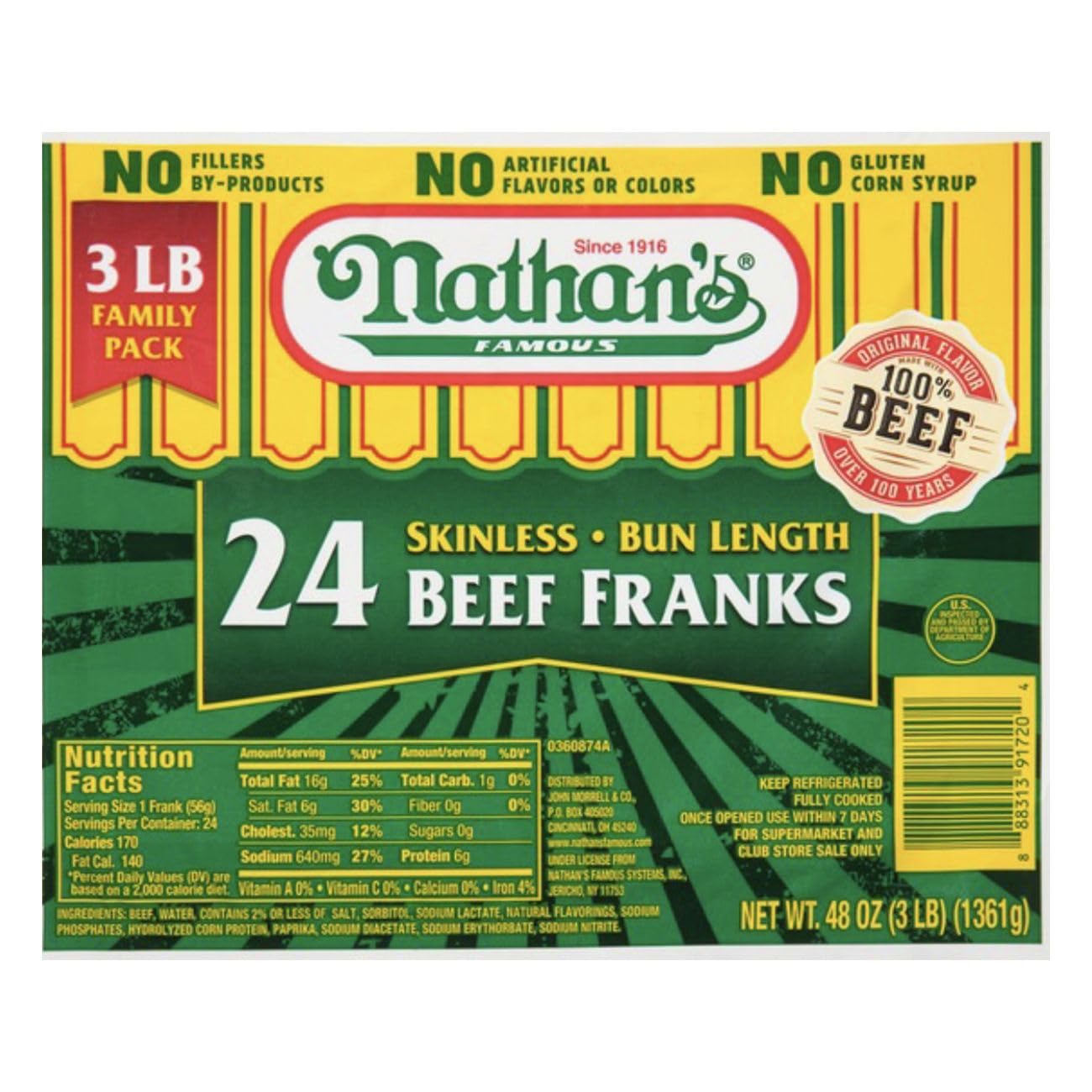 Nathan's Famous Skinless Beef Franks (5 lbs.)