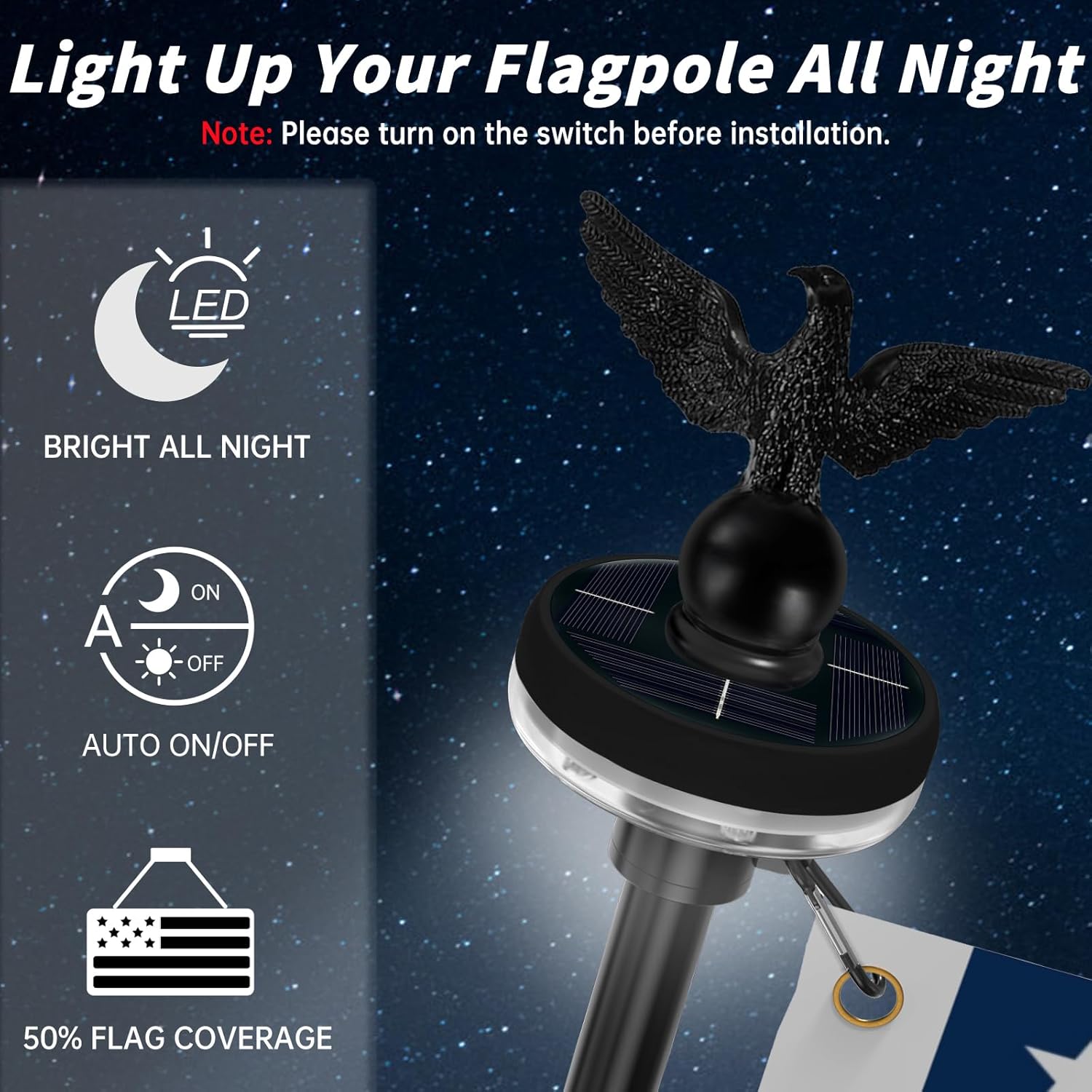 LETSTRY 6FT Flagpole Kit for House with Solar Light and Adjustable Bracket, 1' Thickened Stainless Steel Outside Wall Mount Flagpole for 3x5' American Flag, for Residential, Outdoor or Porch, Black - Image 4