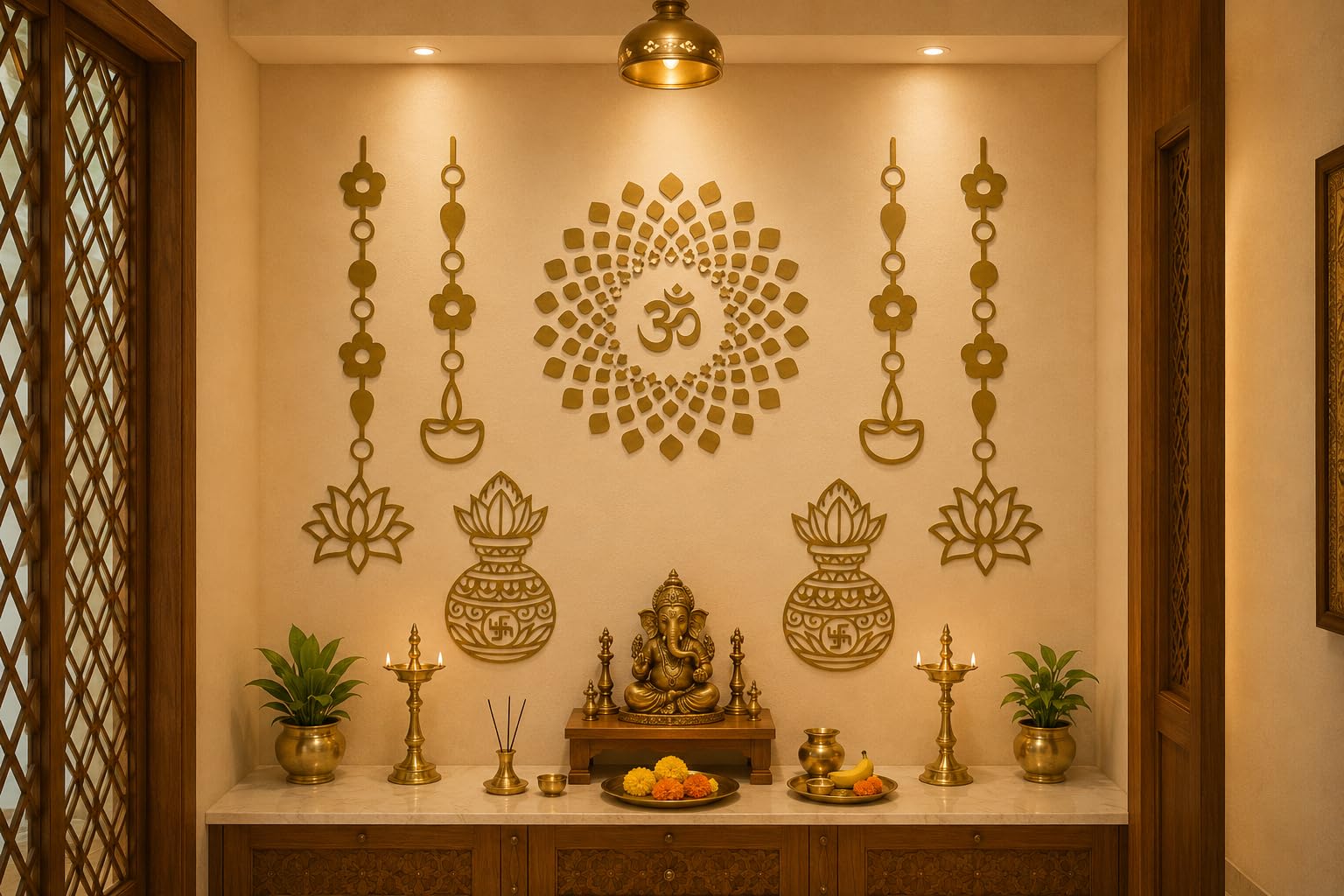 Set of 1 - Premium Gold Vinyl Sticker for Pooja Room Wall Decor Size 23.5X11.29 Inch, 1 Om Mandala Sticker, 2 Hanging Lotus Designs 2 Hanging Diya Designs-image-45