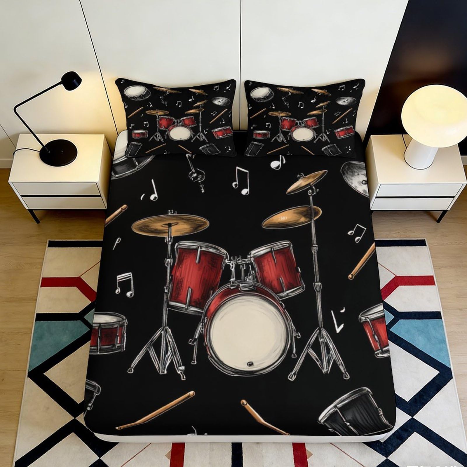 3D Printed Drum Set Fitted Sheet Microfiber Musical Notes Bed Cover for Bedroom Dorm Decor Easy Care Anti-Slip 90x200x25cm