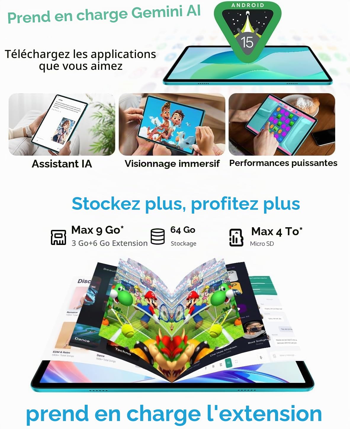 TECLAST P33 Tablette 10" Android 15, avec Clavier et Souris, WiFi 6, BT 5.4 | 10 accessoires, Gemini AI, 64Go ROM+ 4To TF, Widevine L1, 6000mAh, Octa-Core, GPS, OTG, 2 en 1 tablette