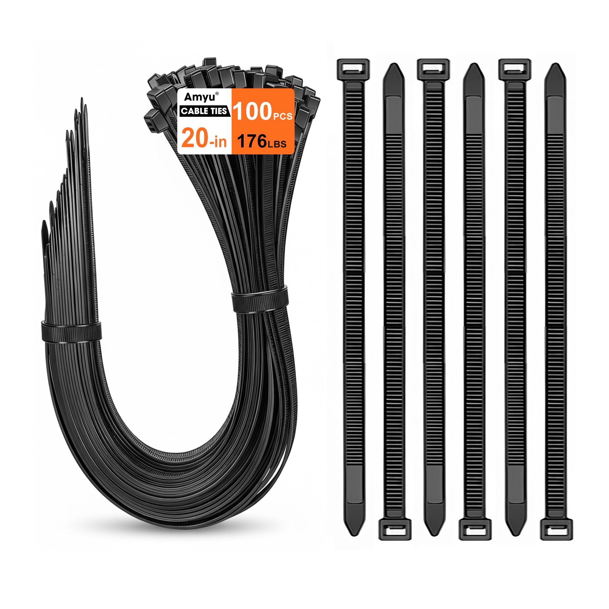 Amyu 100 Pack Cable Ties Heavy Duty 176 lbs, 500 x 8.8 mm Zip Ties Black, 20 inch Tie Straps Long, 50cm Long Self Locking Nylon Tie Wraps UV Resistant, Plastics Ties for Garden Workshop Indoor Outdoor