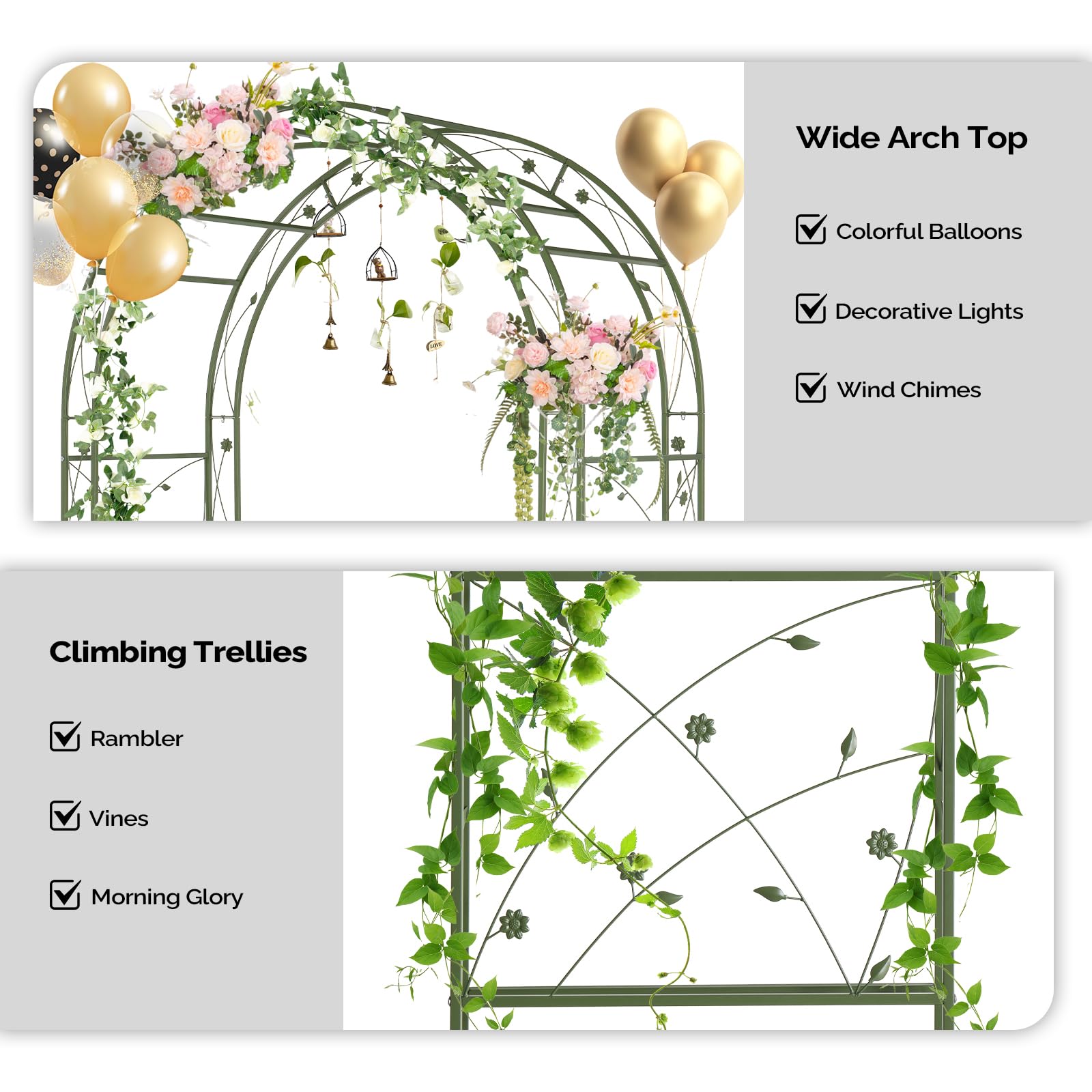 Bonnlo Arco de Jardín Metálico, Arco para Rosa, Estructura Resistente para Plantas Trepadoras, Decoración para Boda, Patio, Jardín y Exterior (Verde, 212x59x139 cm, Doble Marco)
