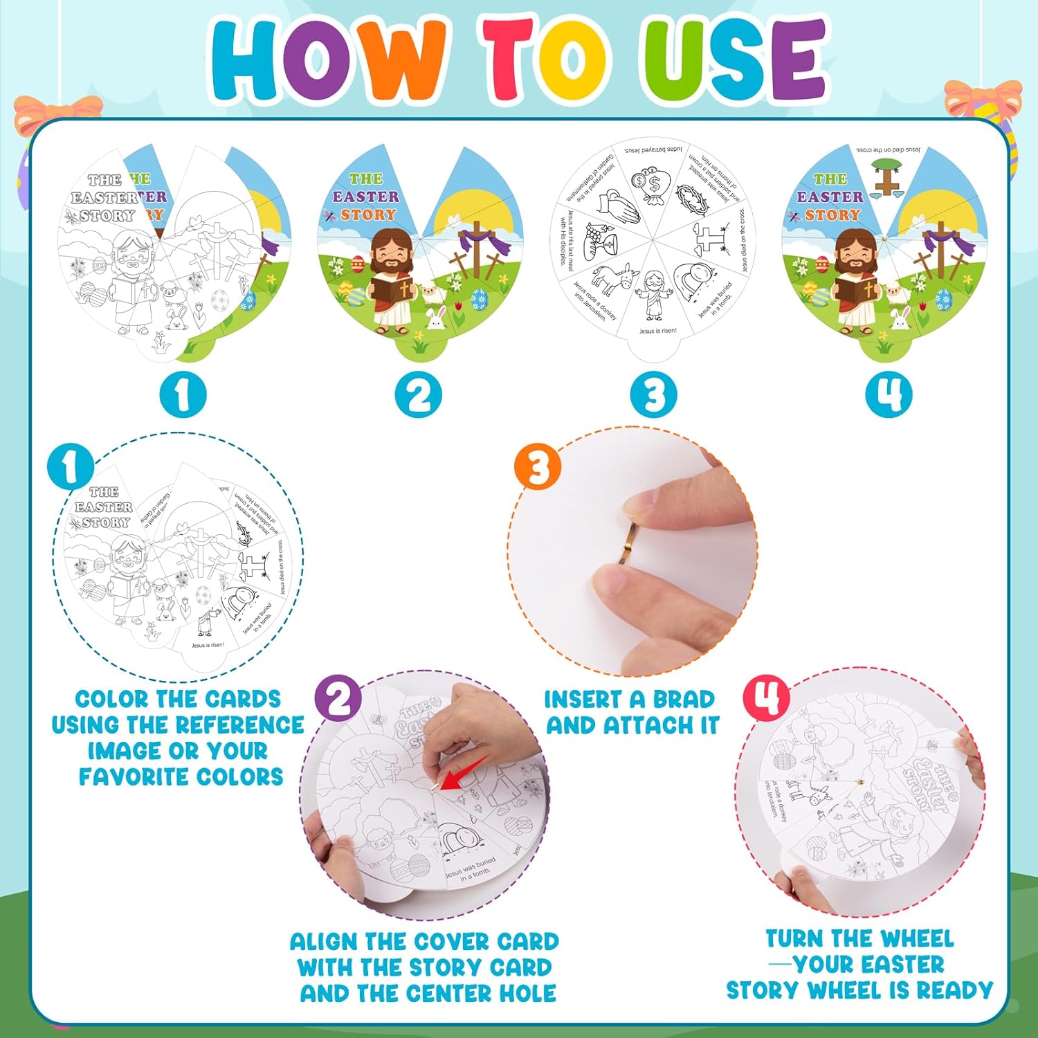 90shine 30 Sets Easter Religious Craft Kit - Jesus Christian Bible Coloring Story Wheel Cards Art with Pen for Easter Activities