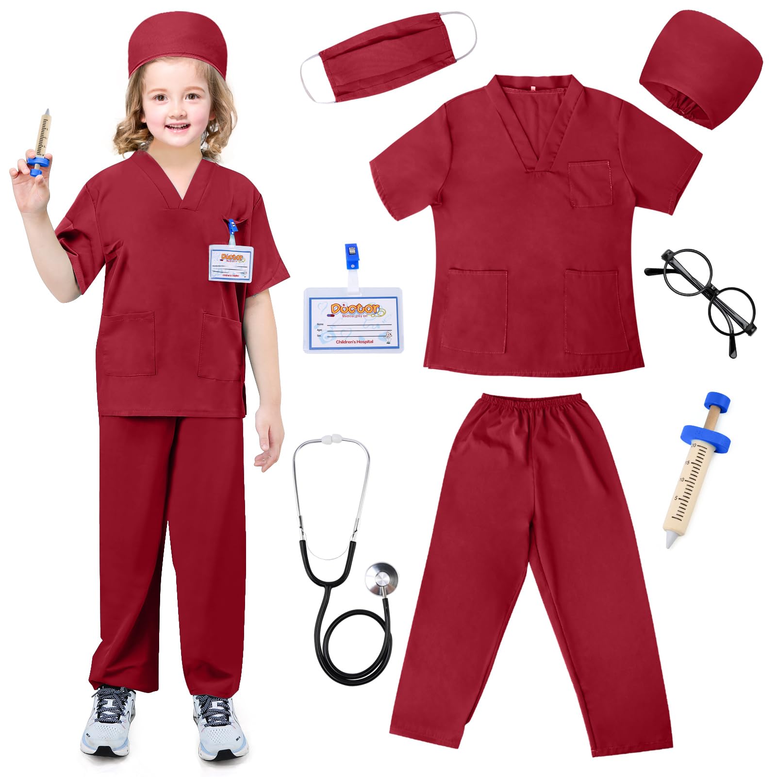 TonStyle Doctor Costume Set for Kids-Kids Toys, Mens and Womens Hospital Doctors Scrub Top Set,Toddler Nurse Scrubs with Accessories Halloween Dress Up Cosplay For Boys Girls 3-11 Years (Red, L)