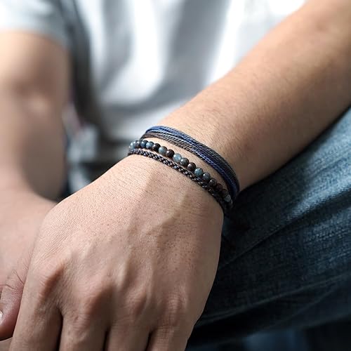 Miniatura 167 de Handmade Natural Stone Beaded Healing Bracelet Gift for Men Adjustable Rope String Bracelet (picasso jasper, Adjustable)