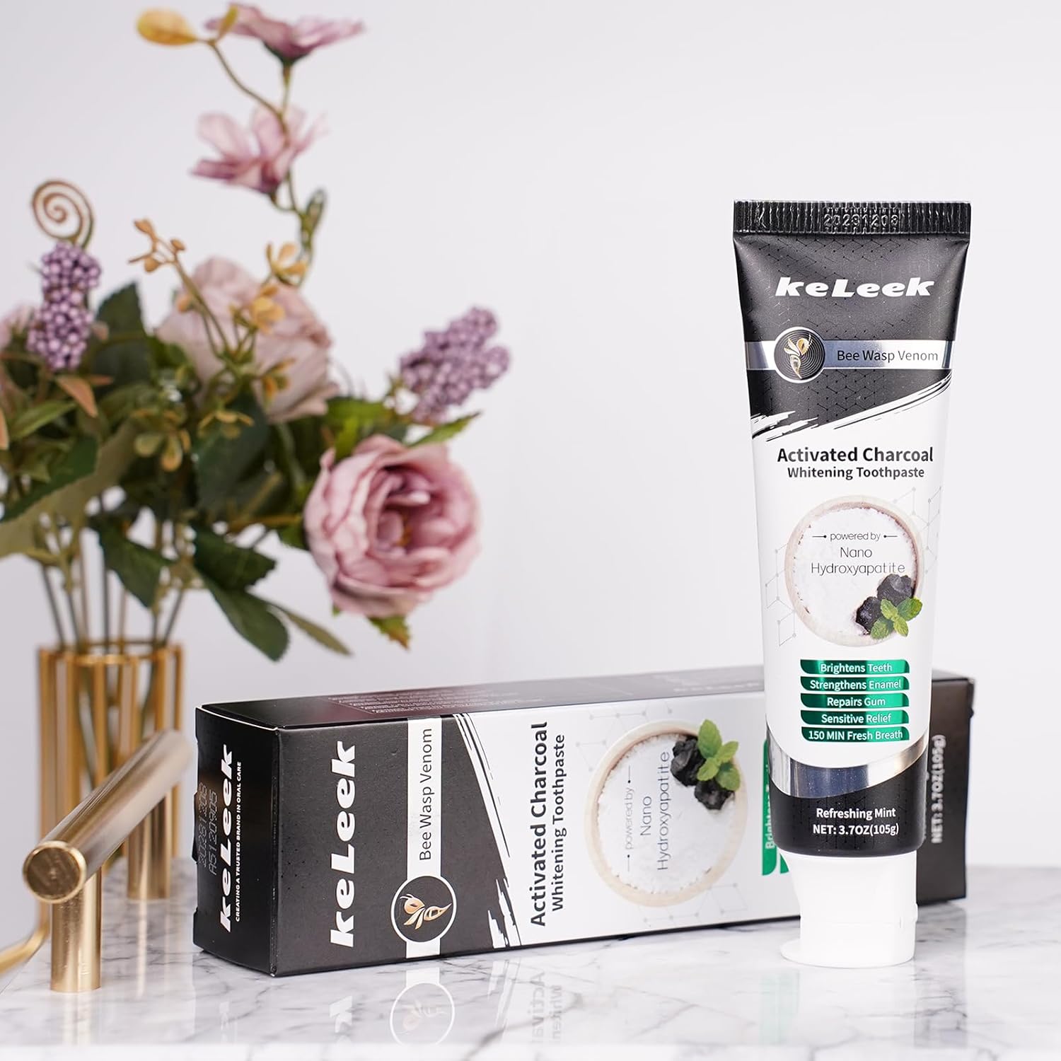 2PCS Activated Charcoal Nano Hydroxyapatite Bee Wasp Venom Whitening Toothpaste Fluoride Free -Brightens Teeth,Strengthens Enamel,Repairs Gum,Sensitive Relief -150 MIN Fresh Bubble Mint