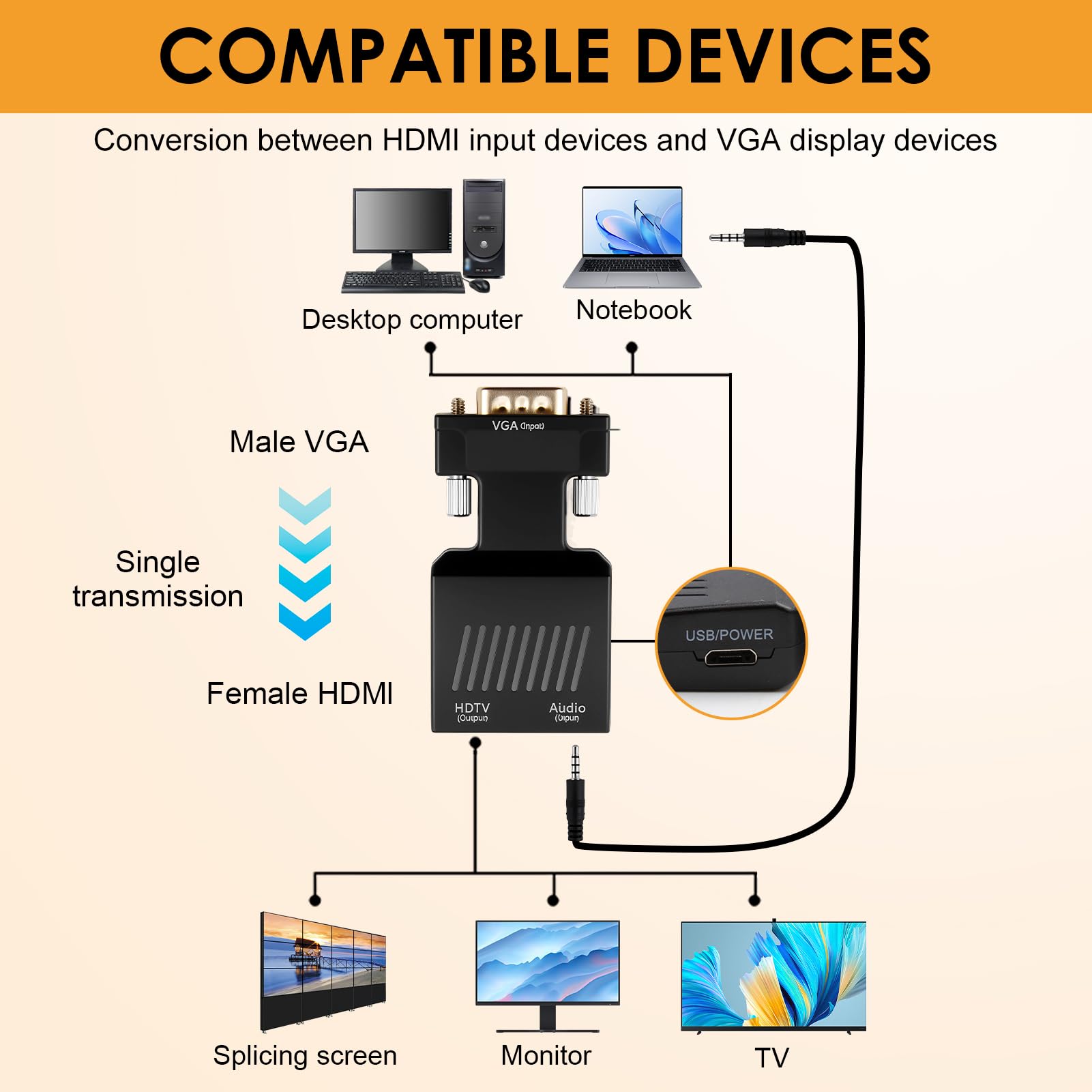 Adaptateur VGA vers HDMI, Adaptateur VGA Mâle vers HDMI Femelle, Convertisseur 1080p avec Audio de Source pour Ancien Portable PC vers TV Moniteur HDTV