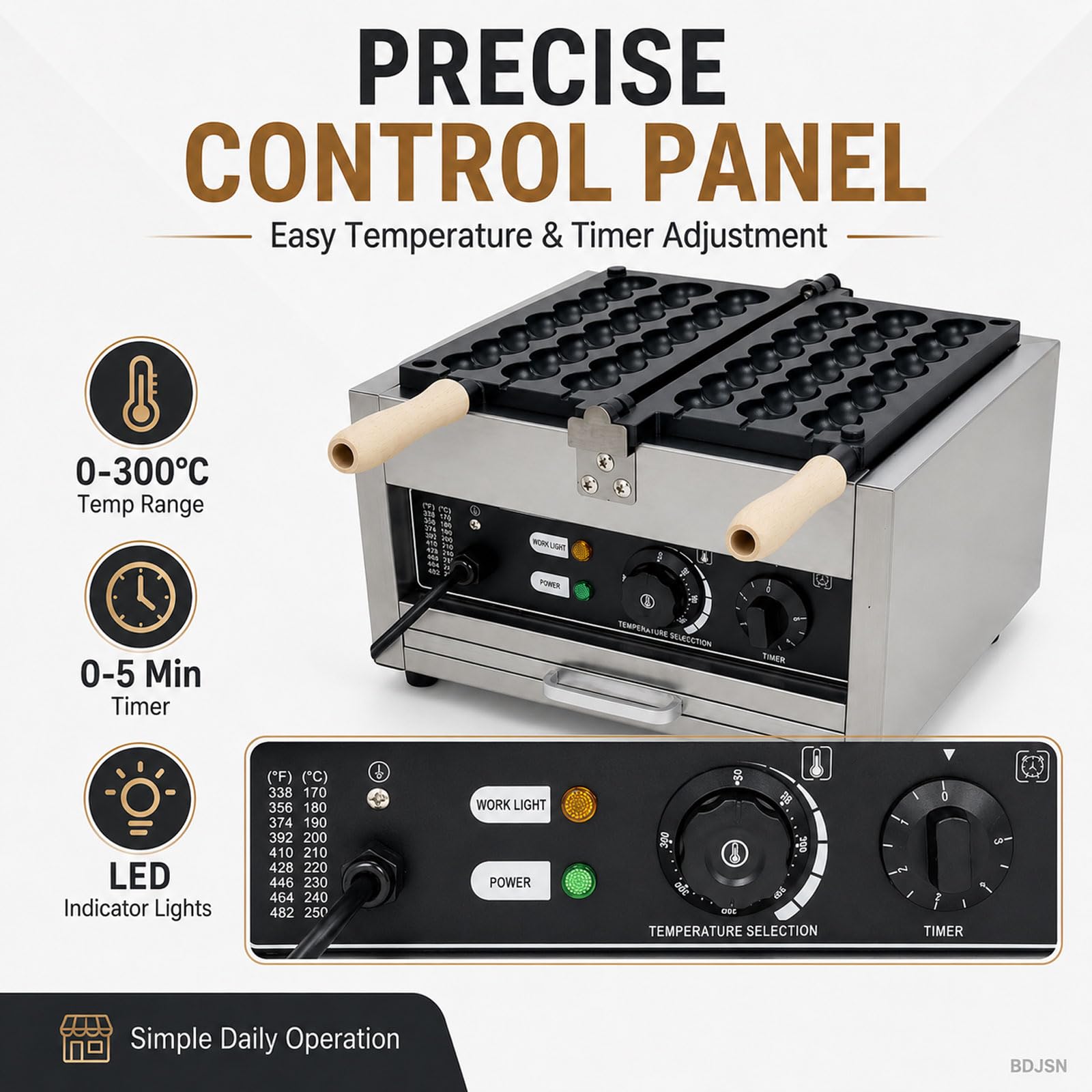 Macchina Professionale per Waffle A Spiedo, 1400w, Elettrica, con Design A Rotazione A 180°, Controllo della Temperatura da 50 A 300 °c, Timer da 0 A 5 Minuti, Piastre Antiaderenti per Bar,