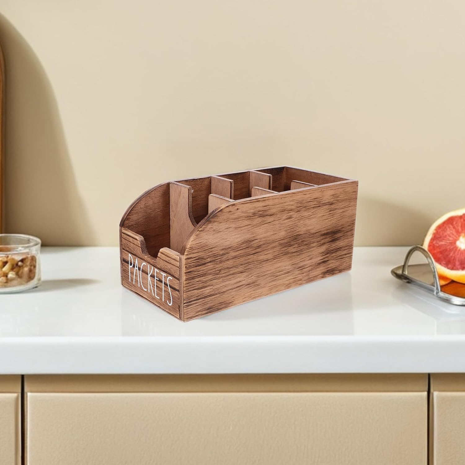 VOSAREA Wooden Tea Bag Organizer Box with Compartments for Seasoning and Sugar Packets, Space Saving Countertop Storage Chest for Kitchen Cabinet, Stylish Brown Teabag Holder image 5