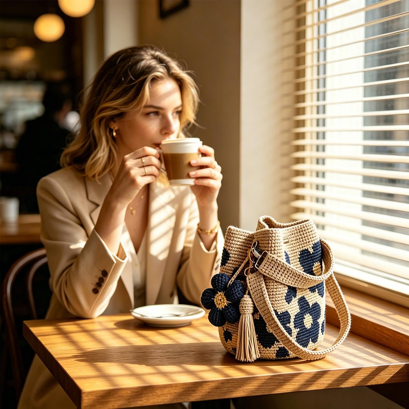 Bolsas de ganchillo para mujer – Bolsa tejida a mano de ganchillo de flores bohemias | Elegante bolsa de viaje de playa para natación, barco, crucero, vacaciones, verano, gimnasio, almuerzo, ducha