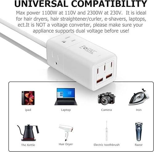 Miniatura 4 de FOVAL - Adaptador de enchufe de viaje europeo, regleta de alimentación FOVAL de EE. UU. a Europa de 75 W, cargador USB C con 5 puertos USB, 3