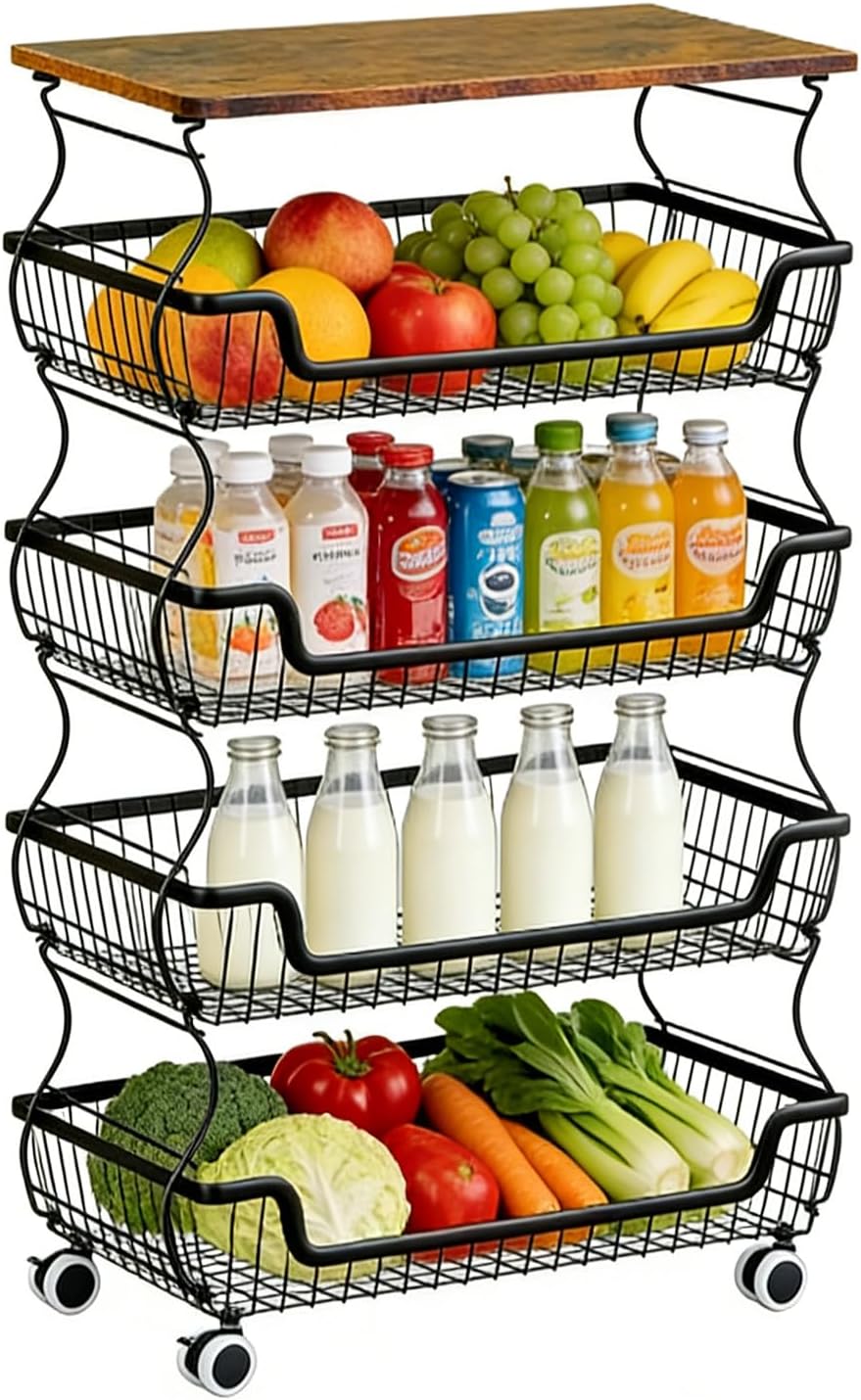 Kitchen Storage Cart on Wheels, 5 Tier Rolling Stackable Pantry Floor Organizer, Kitchen Fruit Basket Stand for Home Removable Metal Vegetable Rack Wire Snack Cart