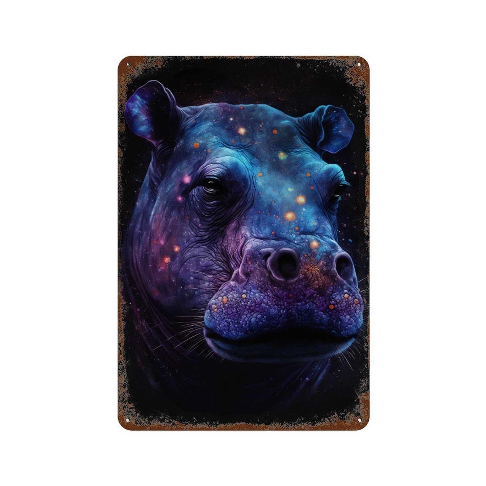 Rust Effect Cosmic Hippo Portrait-5 Weathered Tin Sign 11.8"x7.9", Shabby Chic Decor for Patio, Garden Room And Bar Decor