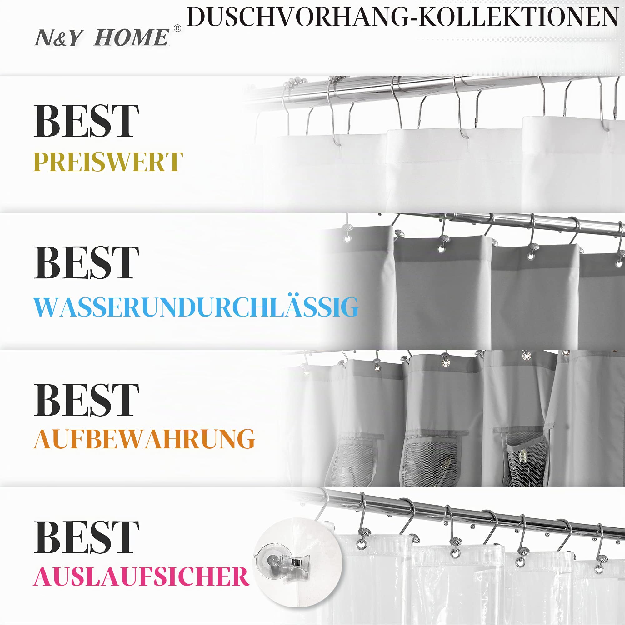 N&Y HOME Set aus Waffelgewebe-Duschvorhang mit einknöpfbarem Innenfutter und 12 weißen Haken, Hotel-Stil, wasserfest, waschbar, Schwerer Stoff, Netzfenster Oben, 180,3 x 182,8 cm, Weiß