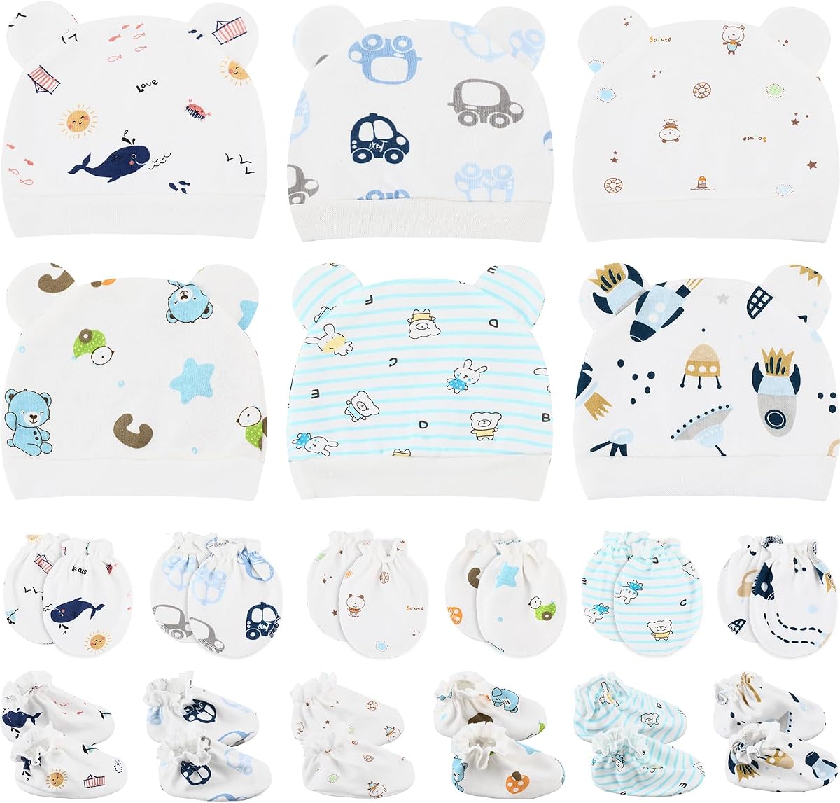 Geyoga 18 Pcs Baby Hats Mittens and Socks Set Newborn Mittens No Scratch Baby Hats and Newborn Socks for 0-6 Months