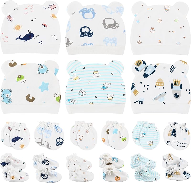 Geyoga 18 Pcs Baby Hats Mittens and Socks Set Newborn Mittens No Scratch Baby Hats and Newborn Socks for 0-6 Months